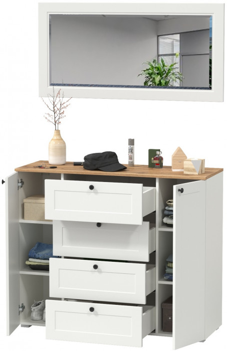 Остин 16.221 Комод + 17.03 Зеркало, цвет белый шагрень/дуб крафт золотой, ШхГхВ 120х41,9х229,6 см.