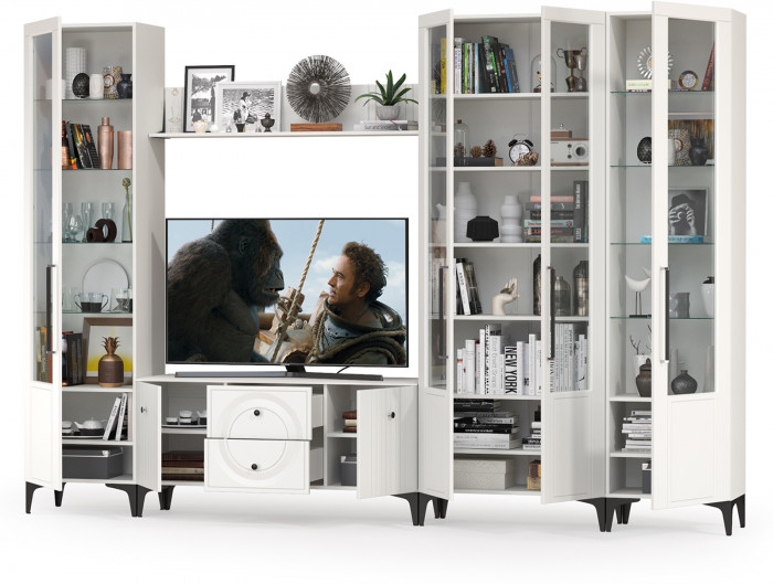 Валенсия Гостиная № 067, цвет ЛДСП белый шагрень/МДФ белый шагрень, ШхГхВ 327,2х38,3х225,2 см., ниша для ТВ 133х38х117 см., универсальная сборка