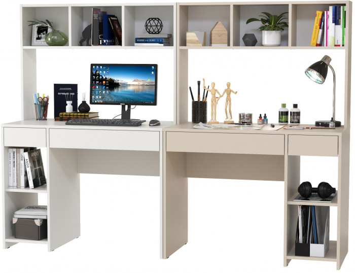 Стол компьютерный Комфорт 12.77F + Стол компьютерный Комфорт 12.77F, цвет белый шагрень/сатин, ШхГхВ 200х49,8х147 см., универсальная сборка