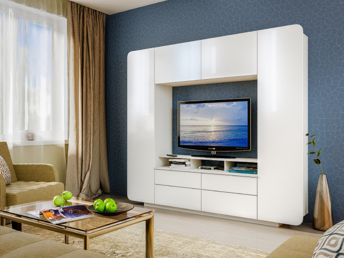 КР100 Румба 03.272 Шкаф комбинированный, цвет белый/белый глянец, ШхГхВ 218,8х38,4х195 см., ниша для тв 130х38х87 см.