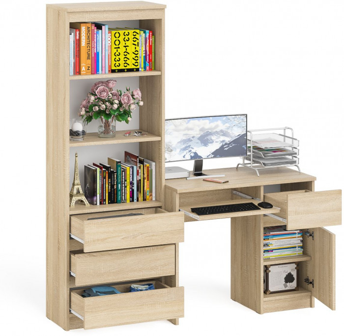 Мори компьютерный стол МС-1 правый + Стеллаж МСТ600.3, дуб сонома