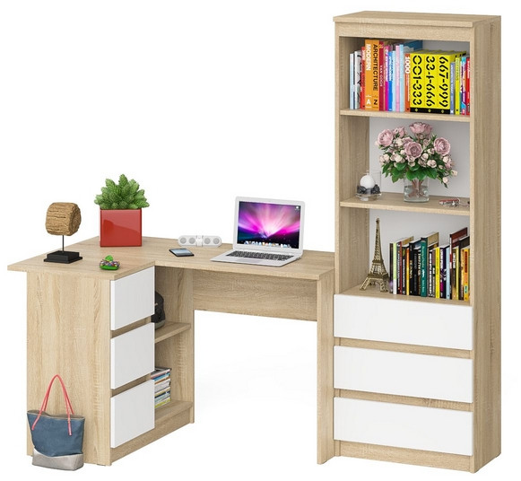 Мори компьютерный стол МС-16 левый + Стеллаж МСТ600.3, дуб сонома/белый