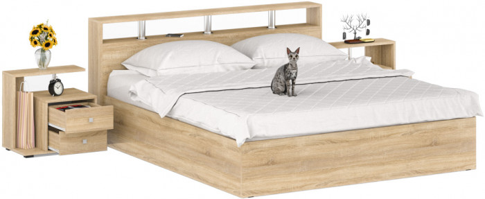 Камелия Кровать 1800 + две тумбы, цвет дуб сонома, ШхГхВ 296х217х78,2 см., сп.м. 1800х2000 мм., без матраса, основание есть