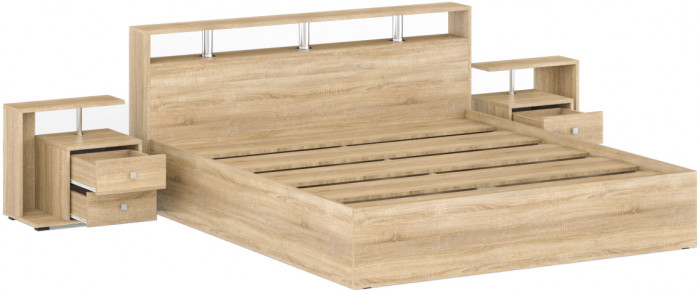 Камелия Кровать 1800 + две тумбы, цвет дуб сонома, ШхГхВ 296х217х78,2 см., сп.м. 1800х2000 мм., без матраса, основание есть