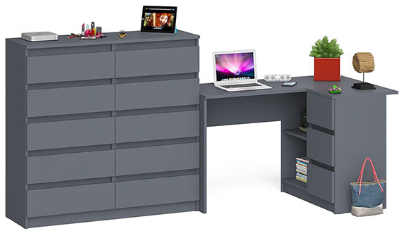 Мори компьютерный стол МС-16 правый + Комод МК1200.10, графит