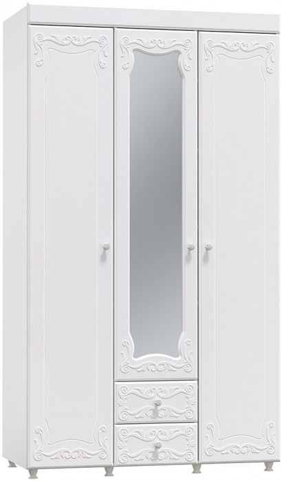 Шкаф 3-х дверный с ящиками и зеркалом Италия ИТ-57 белое дерево