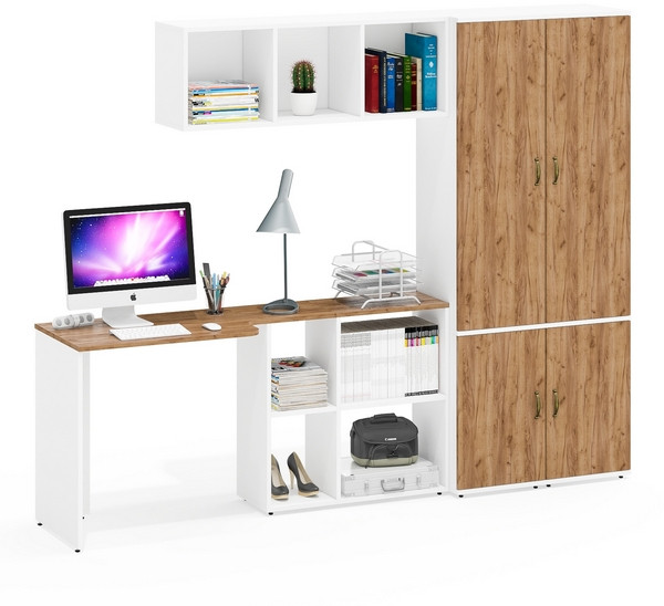 Лидер-8 Стол + Полка + Пенал МД 22Б + Пенал МД 22Б, цвет белый шагрень/крафт золото, ШхГхВ 245х50/37,5х75/190 или 115х160/50х75/190 см., НЕ ун. сб.