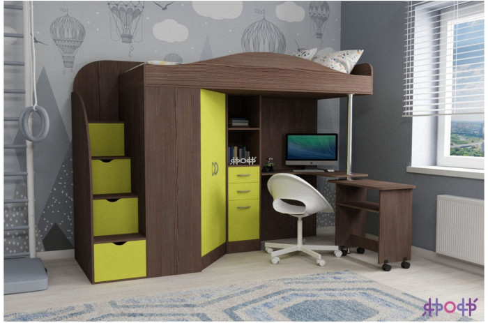 Кровать-чердак Юниор 4 (Ясень Анкор Темный/Лайм)