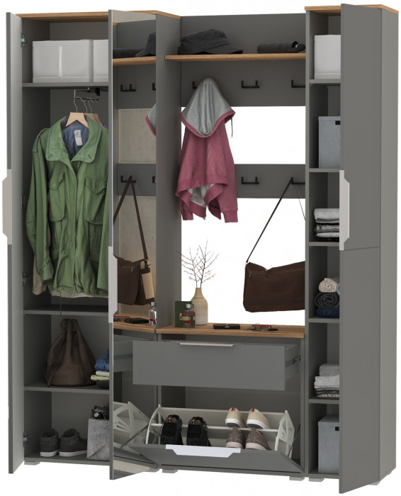 Октава Прихожая 15-123Н, цвет серый графит/дуб крафт золотой/фасады МДФ серый графит, ШхГхВ 161,5х35,4х197,6 см., универсальная сборка