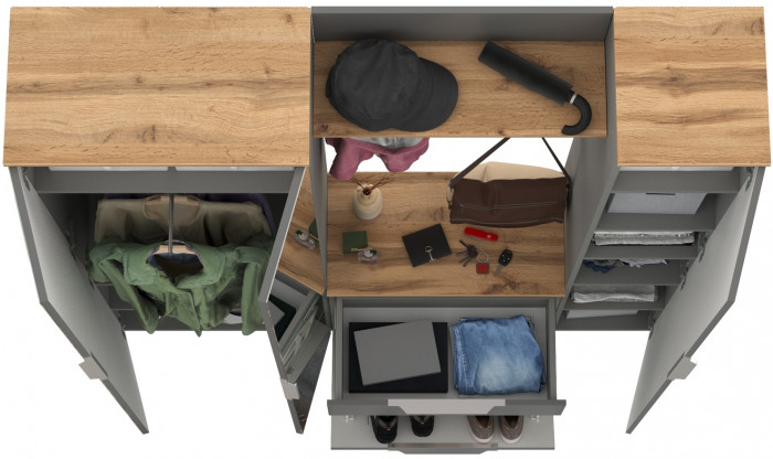 Октава Прихожая 15-123Н, цвет серый графит/дуб крафт золотой/фасады МДФ серый графит, ШхГхВ 161,5х35,4х197,6 см., универсальная сборка