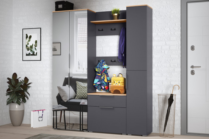 Октава Прихожая 15-123Н, цвет серый графит/дуб крафт золотой/фасады МДФ серый графит, ШхГхВ 161,5х35,4х197,6 см., универсальная сборка