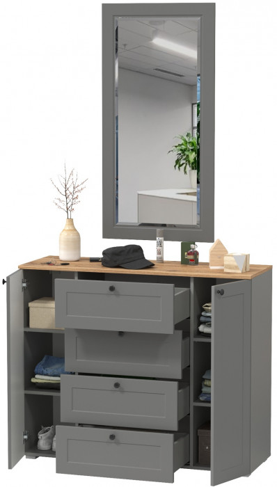 Остин 16.221 Комод + 17.03 Зеркало, цвет серый графит/дуб крафт золотой, ШхГхВ 120х41,9х229,6 см.