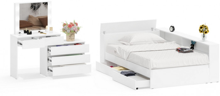 Ксения Кровать с ящиками 1200 + прикроватный блок + Столик с подсветкой 110, белый