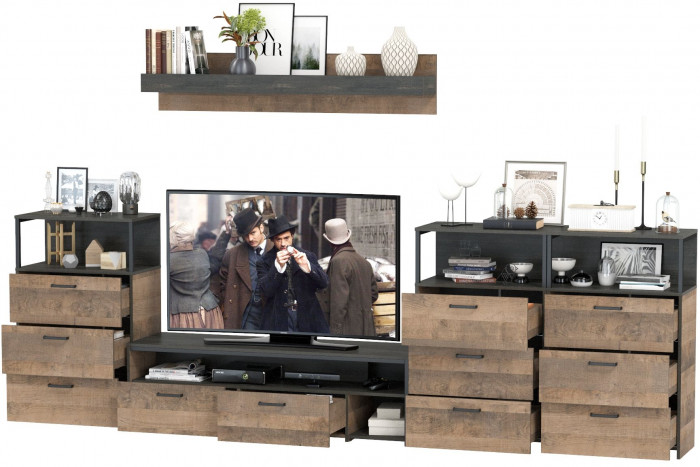 Трувор Гостиная 107, цвет дуб гранж песочный/интра, ШхГхВ 347,8х45,4х195 см., универсальная сборка