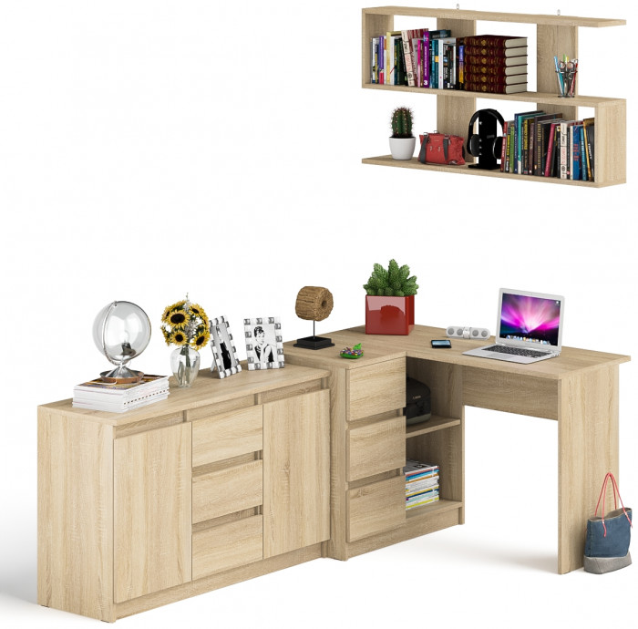 Мори компьютерный стол МС-16 левый + Комод МК1200.3 + Полка 1200, дуб сонома