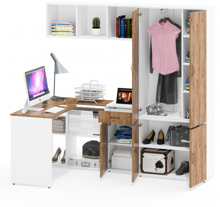 Лидер-8 Стол + Полка + Тумба МД 3.15 + Шкаф МД 20Б, цвет белый шагрень/крафт золото, ШхГхВ 285х50/37,5х75/190 или 115х200/50х75/190 см., НЕ ун. сб.