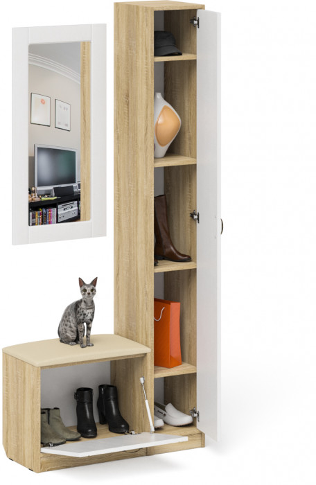 Прихожая П-6 Компоновка № 20, дуб сонома/фасады МДФ белое дерево фрезеровка прованс