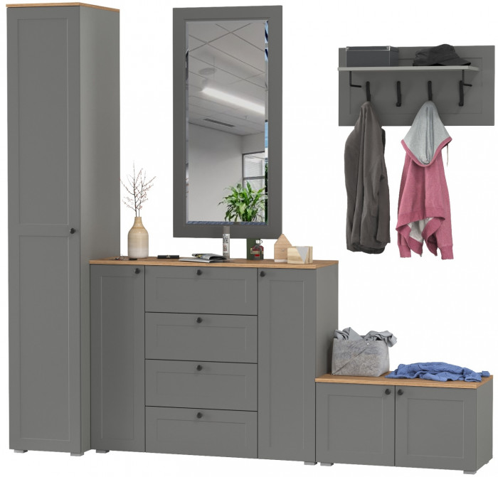 Остин Прихожая 51, цвет серый графит/дуб крафт золотой, ШхГхВ 240х54,3х229,6 см., универсальная сборка