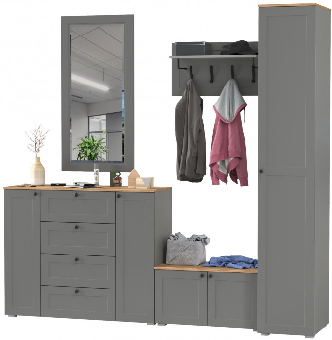 Остин Прихожая 51, цвет серый графит/дуб крафт золотой, ШхГхВ 240х54,3х229,6 см., универсальная сборка