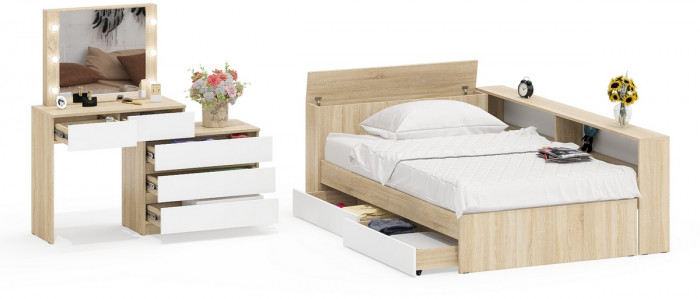 Ксения Кровать с ящиками 1200 + прикроватный блок + Столик с подсветкой 110, дуб сонома/белый