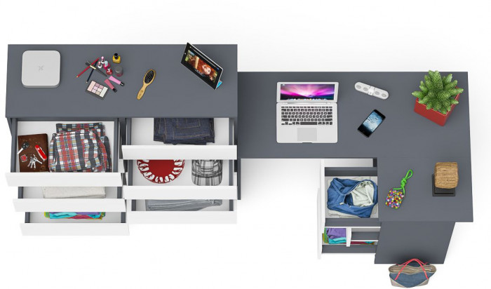 Мори компьютерный стол МС-16 правый + Комод МК1200.10, графит/белый