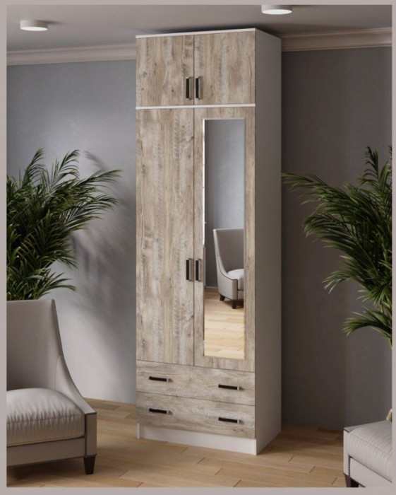 Шкаф комбинированный Лагуна с антресолью и зеркалом 800 белый/дуб юкон