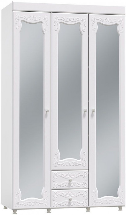 Шкаф 3-х дверный с ящиками и зеркалами Италия ИТ-58 белое дерево