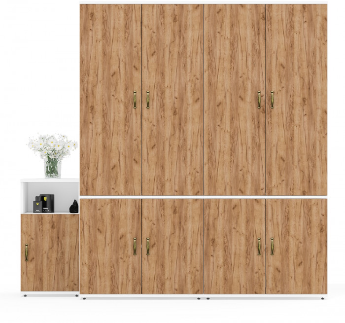 Лидер-8 Шкаф МД 19Б + Шкаф МД 19Б + Тумба МД 3.19, цвет белый шагрень/крафт золото, ШхГхВ 200х50х190 см., универсальная сборка