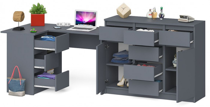 Мори Стол компьютерный МС-16 левый + Комод МК1200.4, цвет графит, ШхГхВ 244,8х84,9х94 см., выдвижные ящики слева, НЕ универсальная сборка