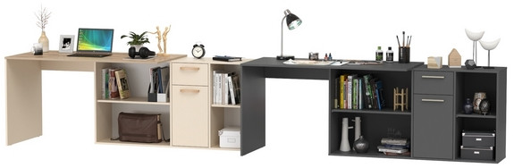 Два Стола письменных Лайт 03.245, цвет сатин/дуб эндгрейн элегантный/тёмно-серый, ШхГхВ 342,9х136х75,2 см.(угл.) или 407,2х68х75,2 см.(пр.), ун. сб.