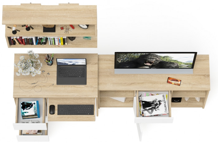 Мори Стол компьютерный МС-6 левый + Тумба МТВ1204.1 + Полка 900, цвет дуб сонома/белый, ШхГхВ 210,4х50х209,6 см., НЕ универсальная сборка