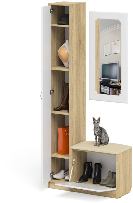 Прихожая П-6 Компоновка № 20, дуб сонома/фасады МДФ белое дерево фрезеровка ромб