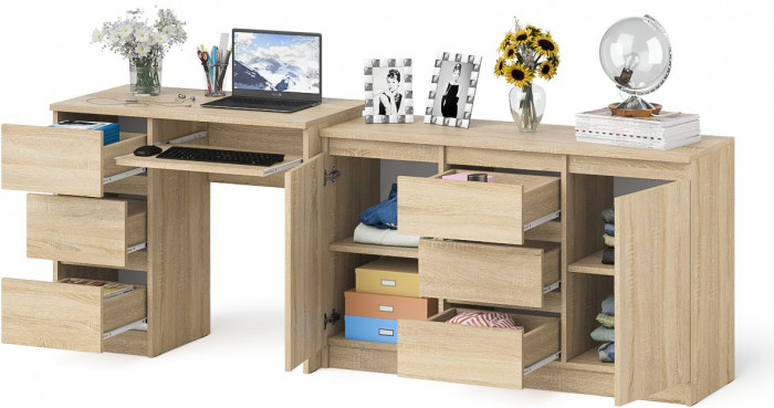 Мори компьютерный стол МС-6 левый + Комод МК1200.3, дуб сонома
