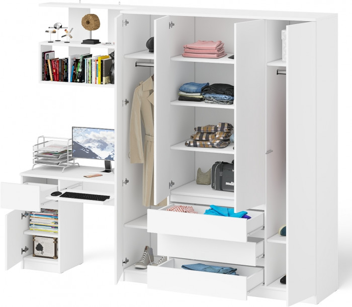 Мори Стол компьютерный МС-1 левый + Шкаф МШ1600.1 + Полка 900, цвет белый, ШхГхВ 250,4х50,4х209,6 см., НЕ универсальная сборка