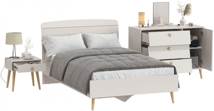 Афина Спальня Кровать 1200 + Комод + Тумба, цвет кашемир серый, ШхГхВ 123,6х210,2х95,7 + 110х45,3х83 + 45х37х45 см., 1200х2000 мм., б/м, осн. есть