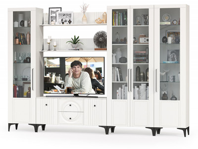 Валенсия Гостиная № 070, цвет ЛДСП белый шагрень/МДФ белый шагрень, ШхГхВ 327,2х38,3х225,2 см., ниша для ТВ 133х38х117 см., универсальная сборка