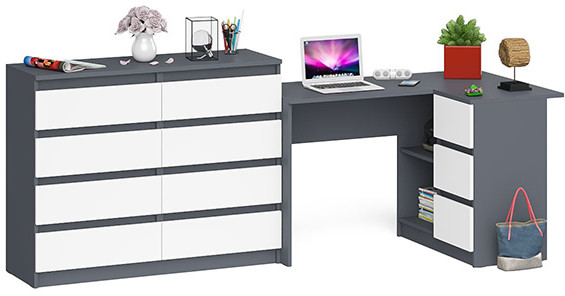 Мори компьютерный стол МС-16 правый + Комод МК1200.8, графит/белый