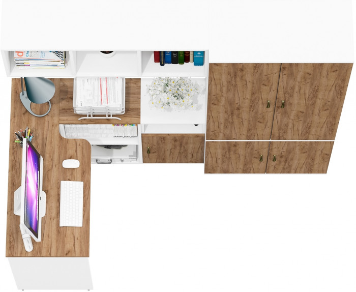 Лидер-8 Стол + Полка + Тумба МД 3.19 + Шкаф МД 20Б, цвет белый шагрень/крафт золото, ШхГхВ 285х50/37,5х75/190 или 115х200/50х75/190 см., НЕ ун. сб.