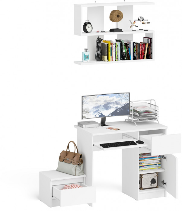 Мори Стол компьютерный МС-1 правый + Тумба ТМП400.1 + Полка 900, цвет белый, ШхГхВ 130,4х50х209,6 см., НЕ универсальная сборка