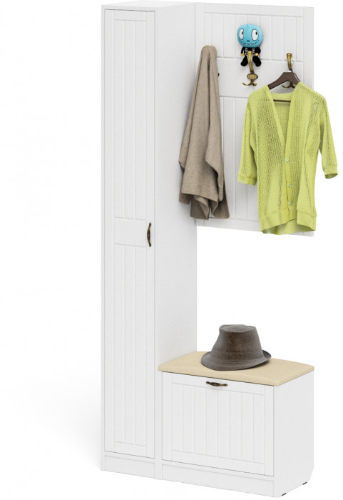 Прихожая П-6 Компоновка № 21, белая шагрень/фасады МДФ белое дерево фрезеровка прованс