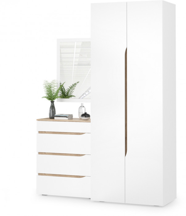 Муссон 13.198 Шкаф двухстворчатый + 13.97 Комод + Зеркало СВК, цвет белый/дуб эндгрейн элегантный, ШхГхВ 164,6х52,3х229,8 см., НЕ универсальная сборка