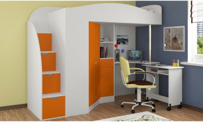 Детская кровать-чердак Теремок-1 Гранд,  Белый / Оранжевый