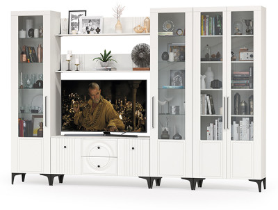 Валенсия Гостиная № 071, цвет ЛДСП белый шагрень/МДФ белый шагрень, ШхГхВ 327,2х38,3х225,2 см., ниша для ТВ 133х38х117 см., универсальная сборка