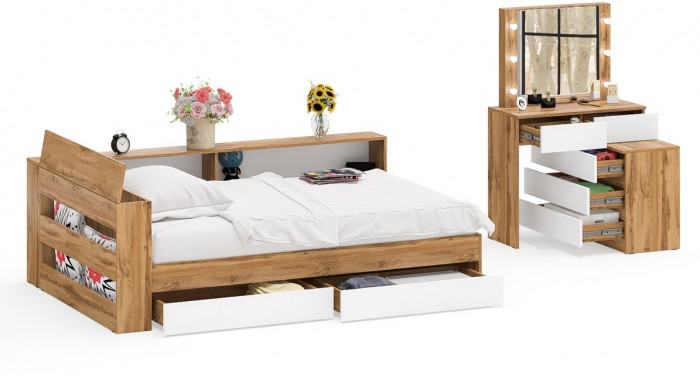 Ксения Кровать с ящиками 1200 + прикроватный блок + Столик с подсветкой 110, дуб вотан/белый