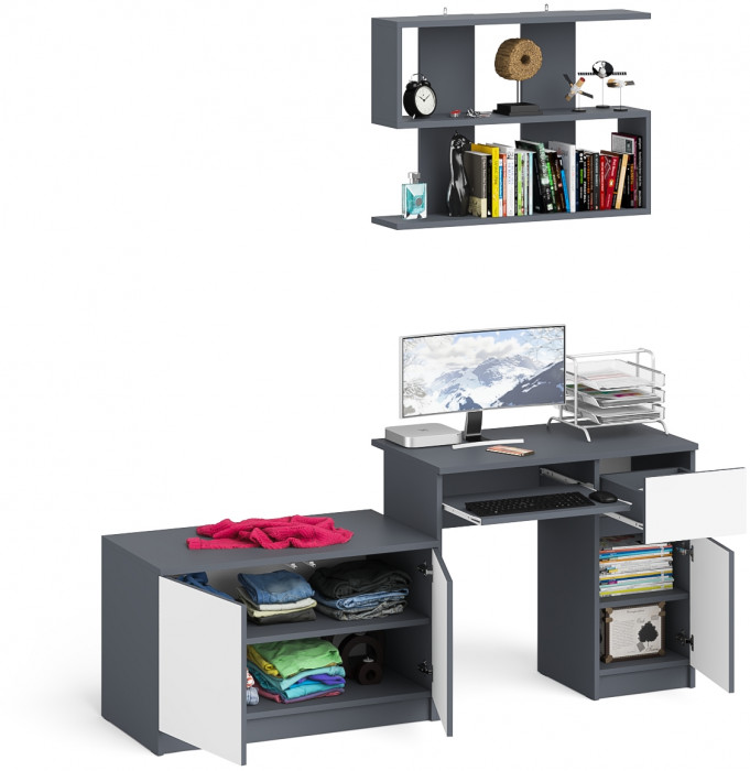 Мори компьютерный стол МС-1 правый + Тумба МА900.1 + Полка 900, графит/белый