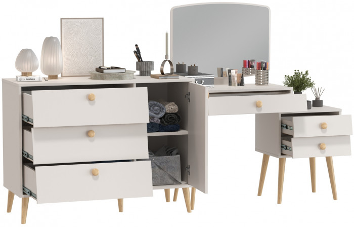 Афина Спальня Трюмо + Комод с дверкой и тремя ящиками, цвет кашемир серый, ШхГхВ 105х38,6х129 + 110х45,3х83 см., универсальная сборка