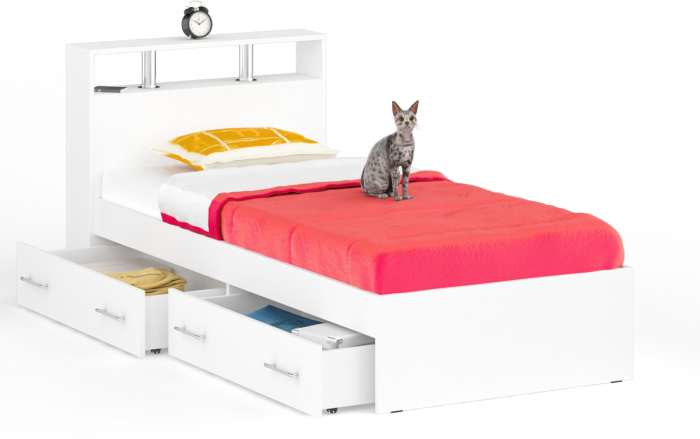 Камелия Кровать с ящиками 0900, цвет белый, ШхГхВ 93,5х217х78,2 см., сп.м. 900х2000 мм., без матраса, основание есть