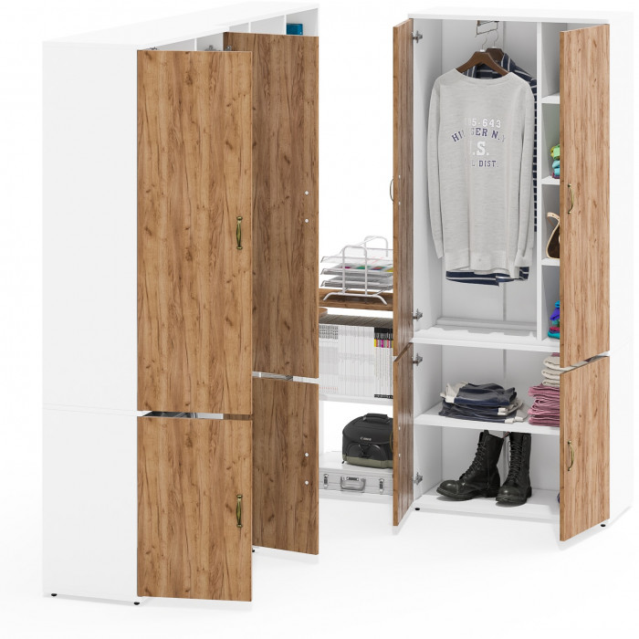 Лидер-8 Стол + Полка + Шкаф МД 20Б + Шкаф МД 20Б, цвет белый шагрень/крафт золото, ШхГхВ 325х50/37,5х75/190 или 115х240/50х75/190 см., НЕ ун. сборка