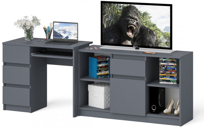 Мори Стол компьютерный МС-6 левый + Тумба МТВ1204.1, цвет графит, ШхГхВ 210,4х50х76,6 см., выдвижные ящики слева, НЕ универсальная сборка