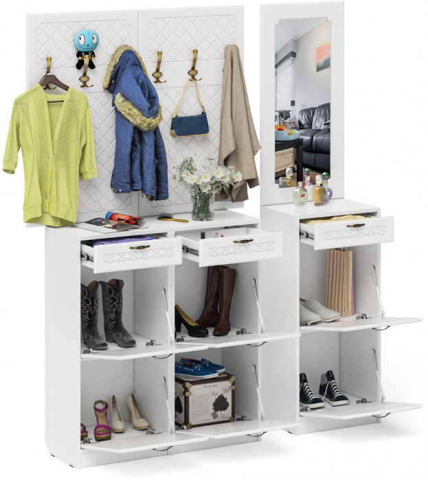 Прихожая П-6 Компоновка № 06, цвет белая шагрень/фасады МДФ белое дерево фрезеровка ромб, ШхГхВ 170х35х200 см., универсальная сборка